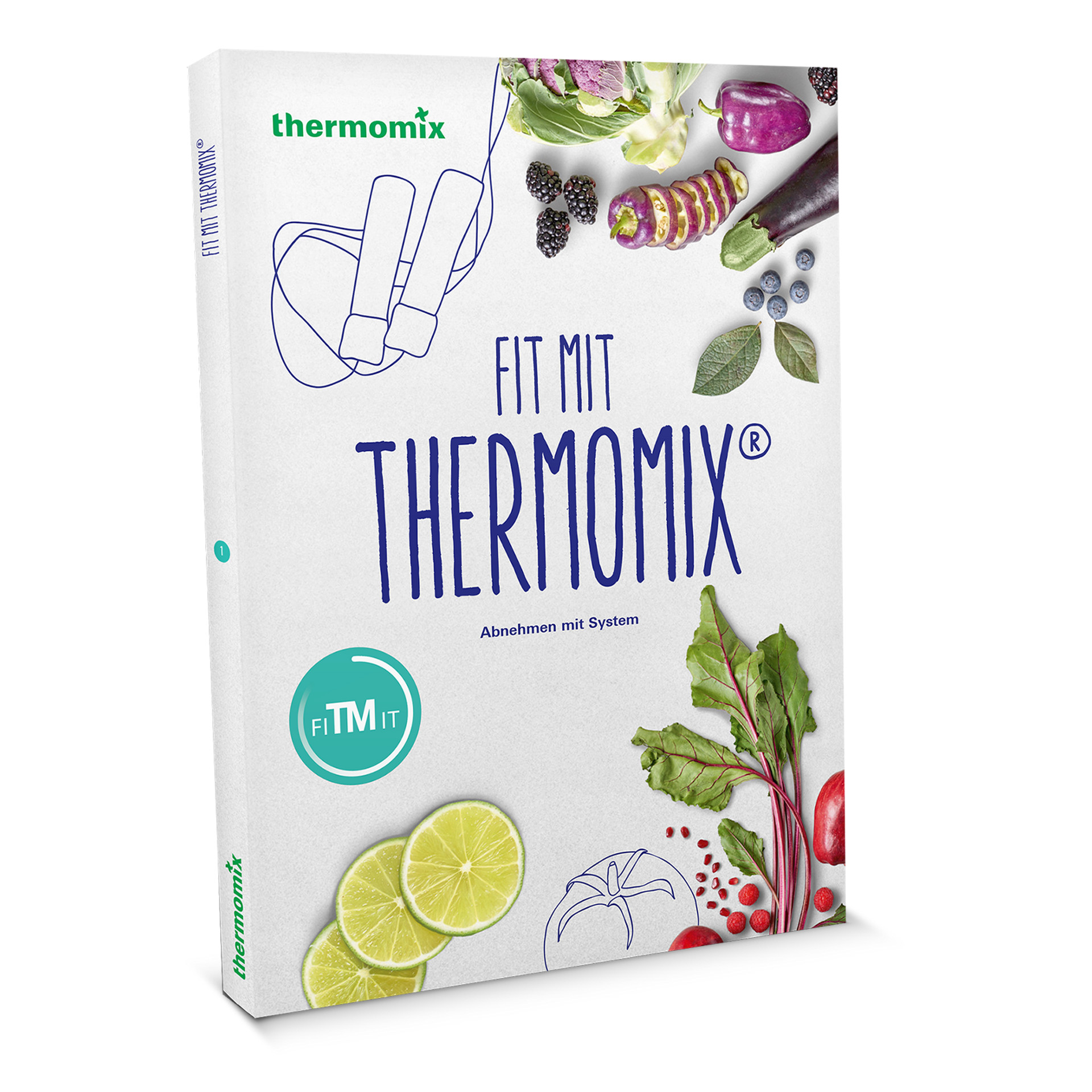 „Fit mit Thermomix®“ Kochbuch mit frischem Obst, Gemüse und Fitnessseil-Grafik auf dem Cover.