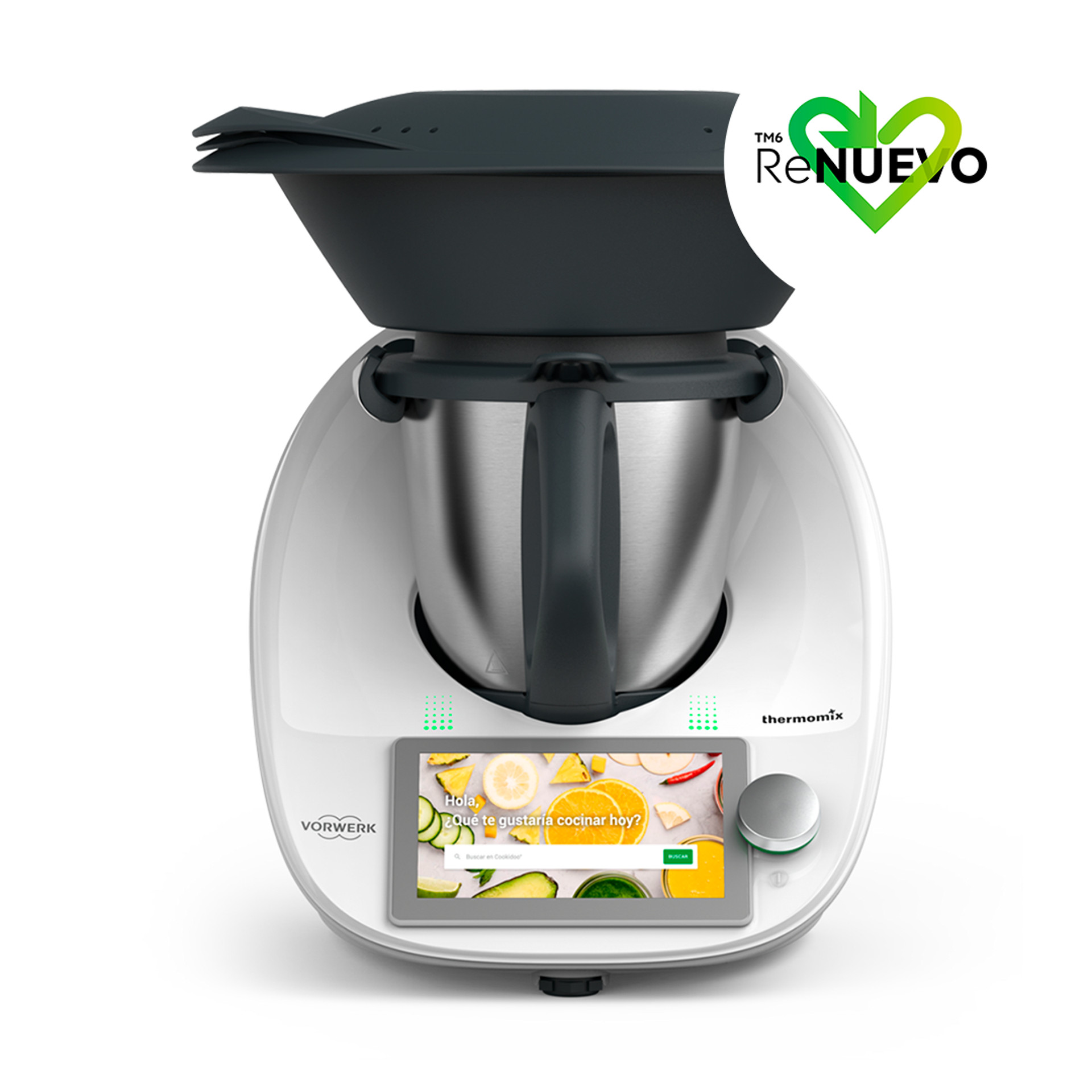 Thermomix® TM6 con Varoma, pantalla en español y logo de la campaña ReNUEVO en la esquina superior derecha.