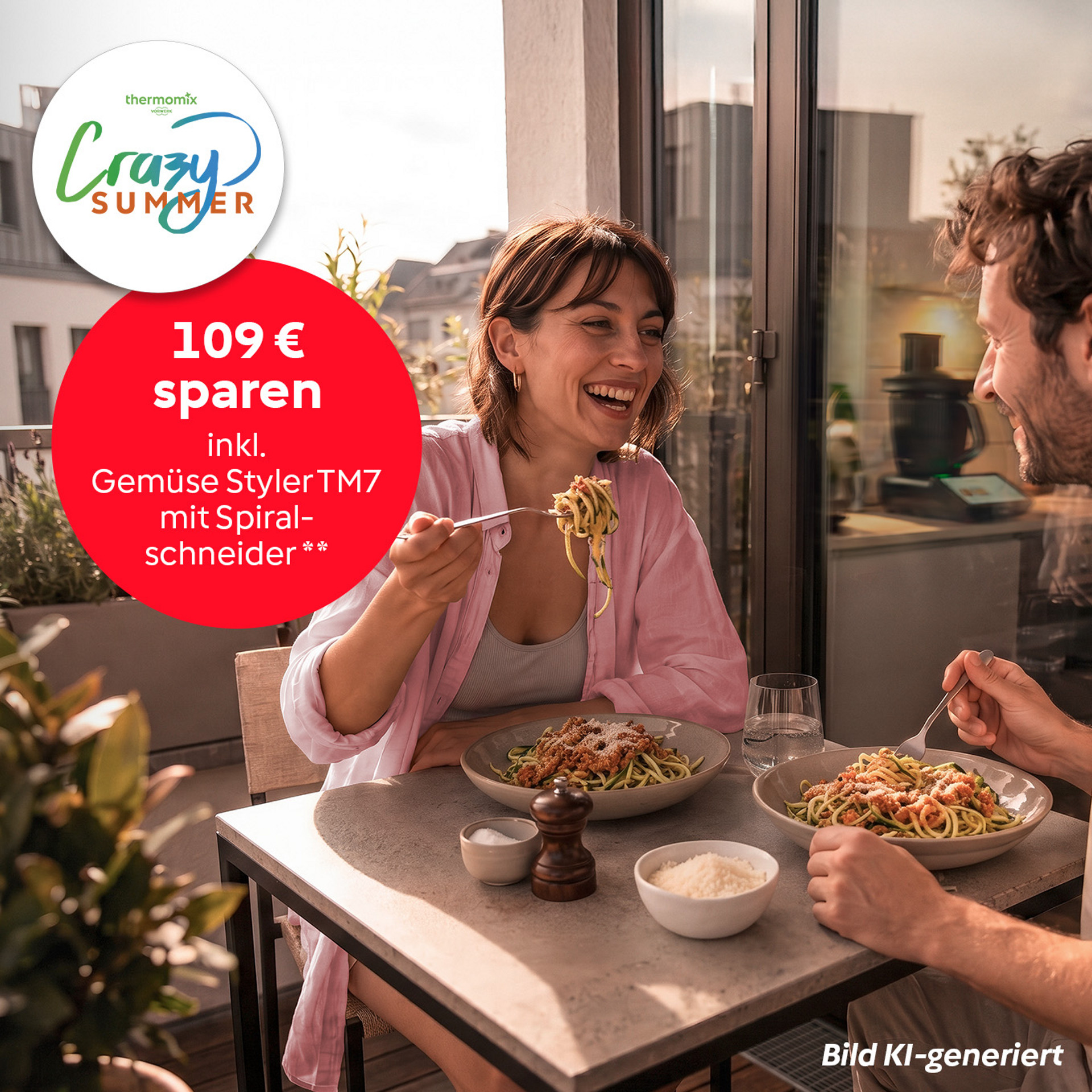 Zwei Personen essen Pasta auf dem Balkon, Thermomix® TM7 drinnen sichtbar, Crazy Summer Aktionshinweis.