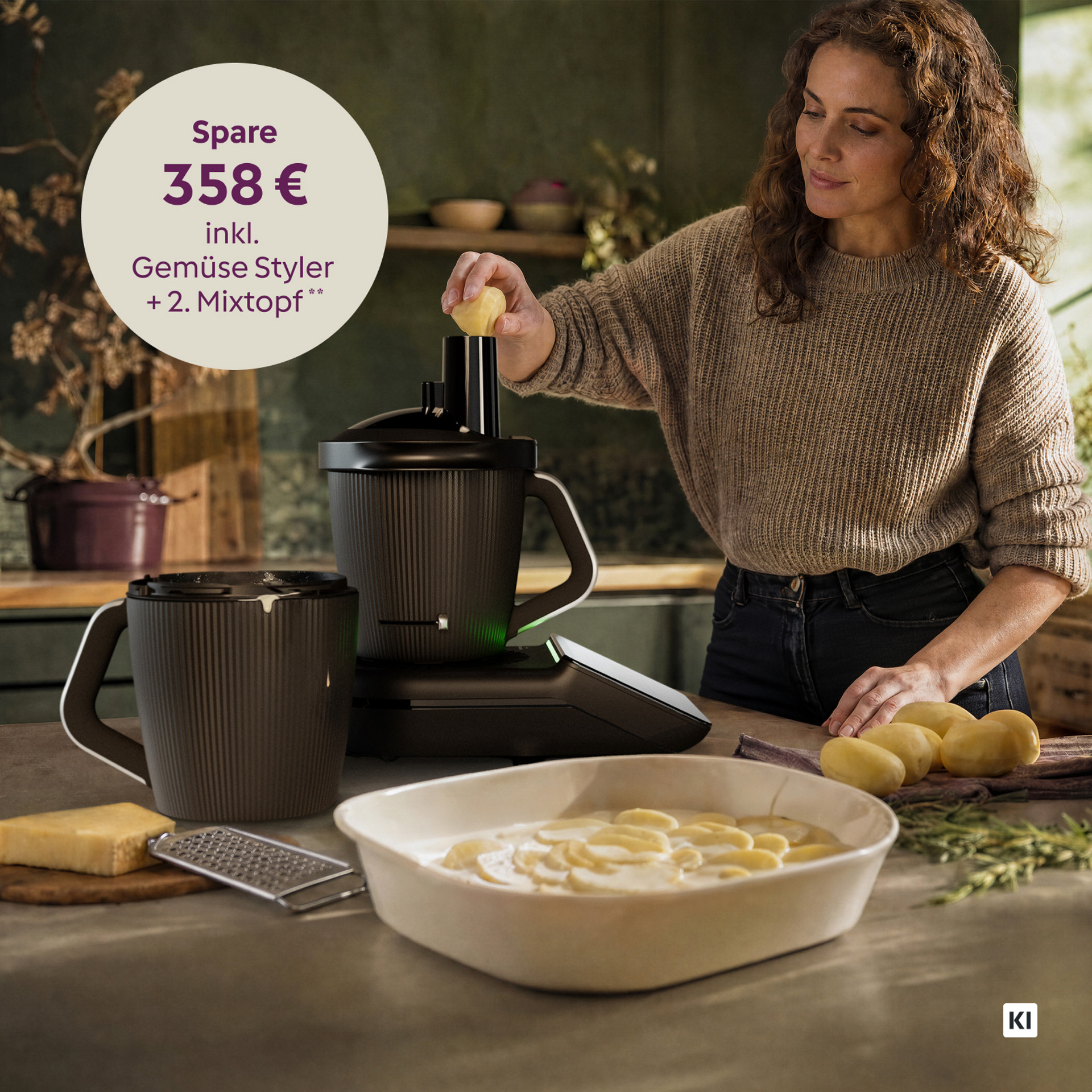 Frau bereitet Kartoffeln mit Thermomix® TM7 und Thermomix® Gemüse Styler in einer Küche zu, Aktionsangebot für Ersparnis.