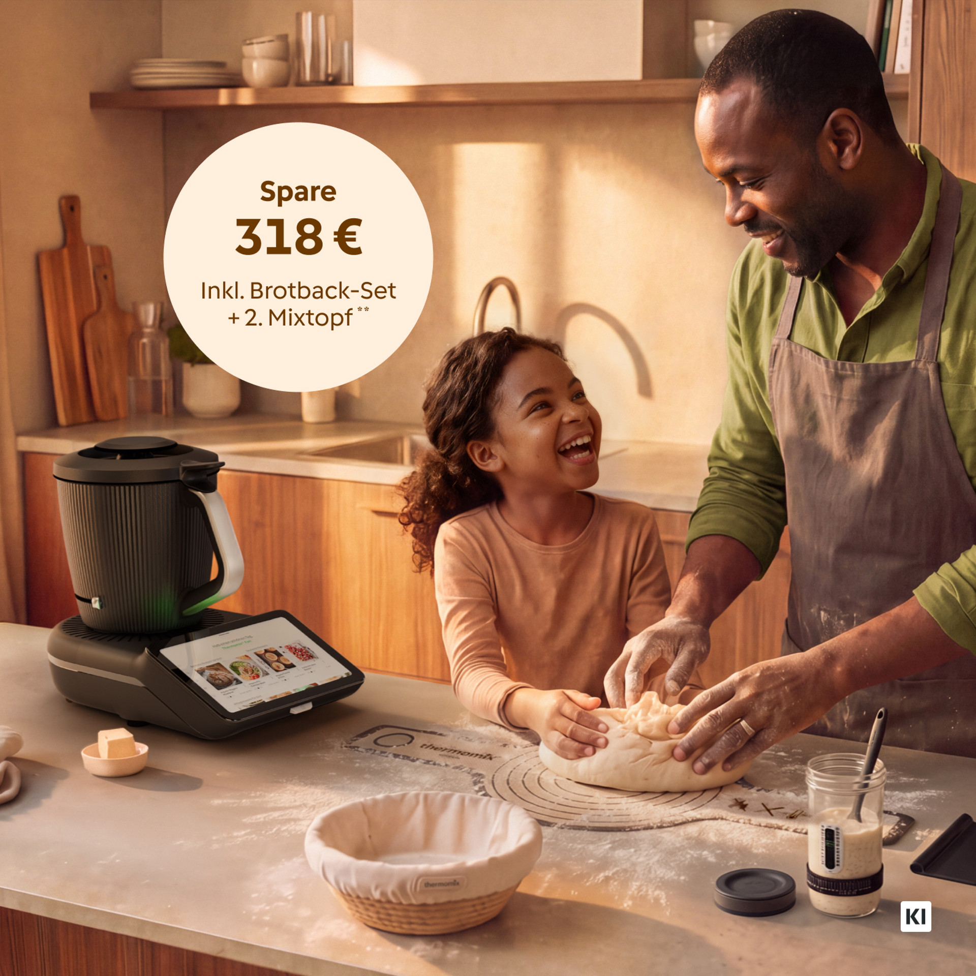 KI. Vater und Tochter kneten Teig in einer Küche, auf der Arbeitsplatte ein Thermomix® TM7 und Teile des Brotback-Sets