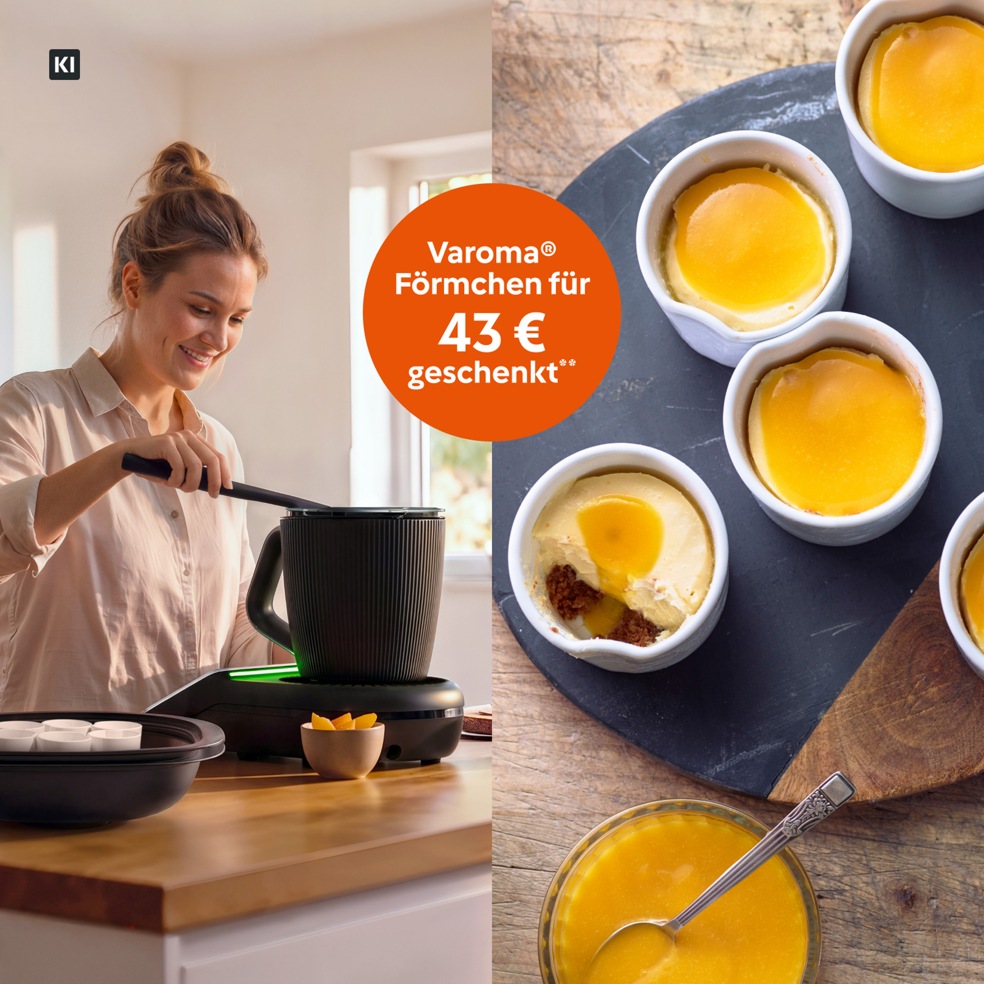 KI. Frau nutzt den Thermomix® TM7 mit Varoma® Förmchen in der Küche; Aktion: Geschenk für 43 €; rechts Cheesecake in Varoma® 