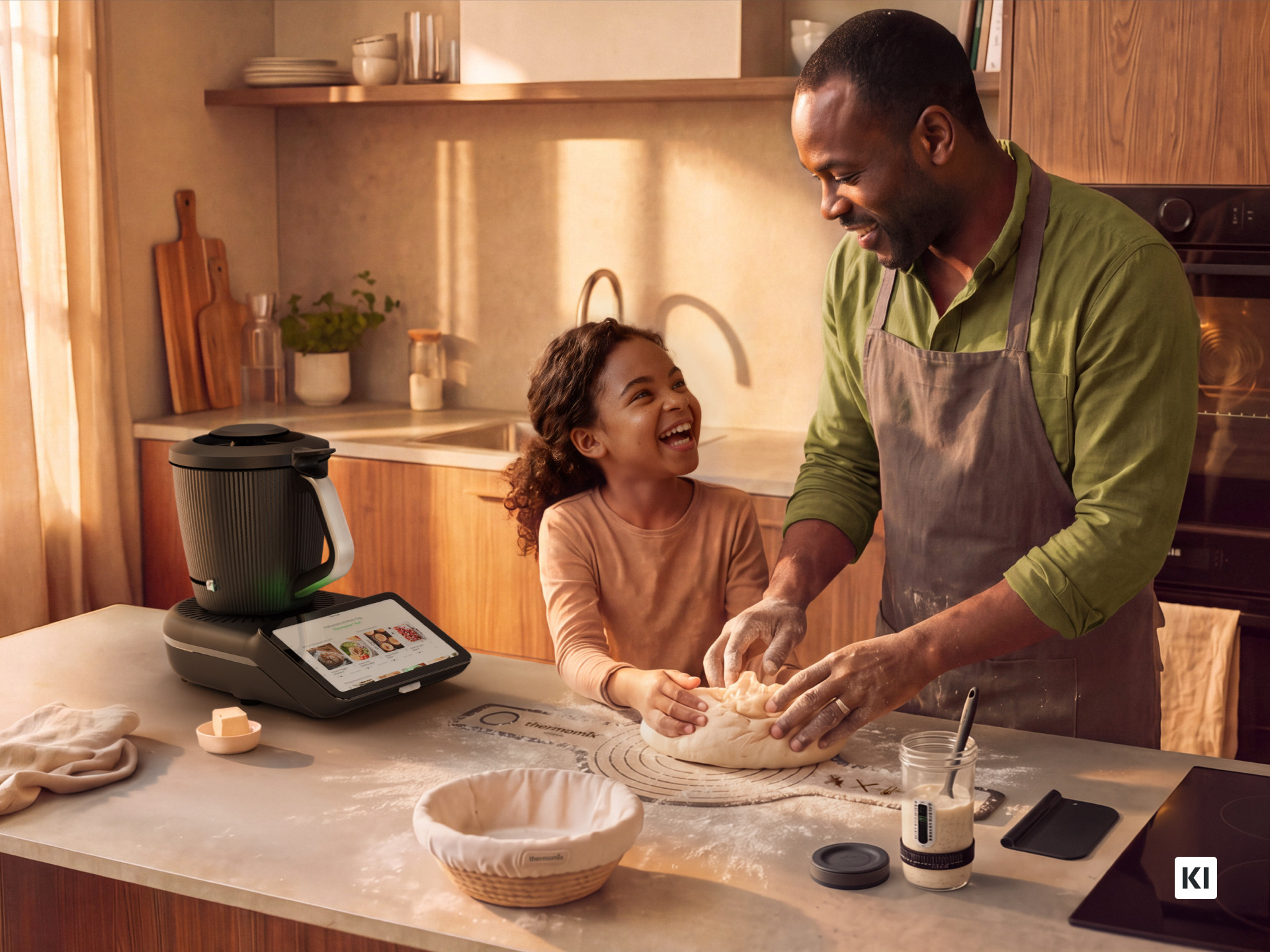 KI. Vater und Tochter kneten Teig in einer Küche, auf der Arbeitsplatte ein Thermomix® TM7 und Teile des Brotback-Sets