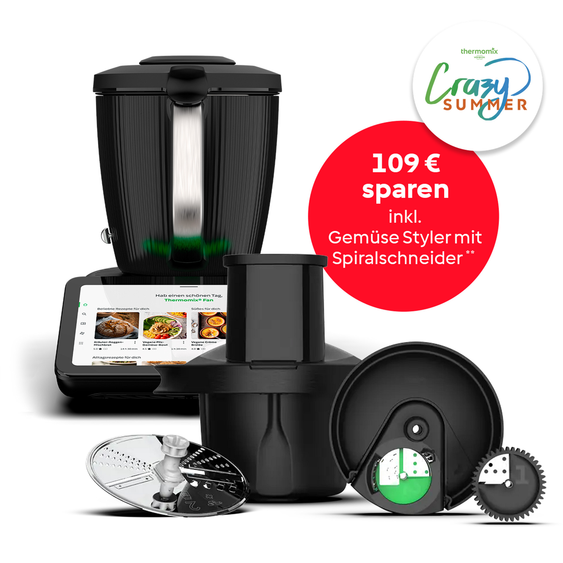 Thermomix® TM7 mit Thermomix® Gemüse Styler und Spiralschneider, Aktion "Crazy Summer" 109 € sparen.