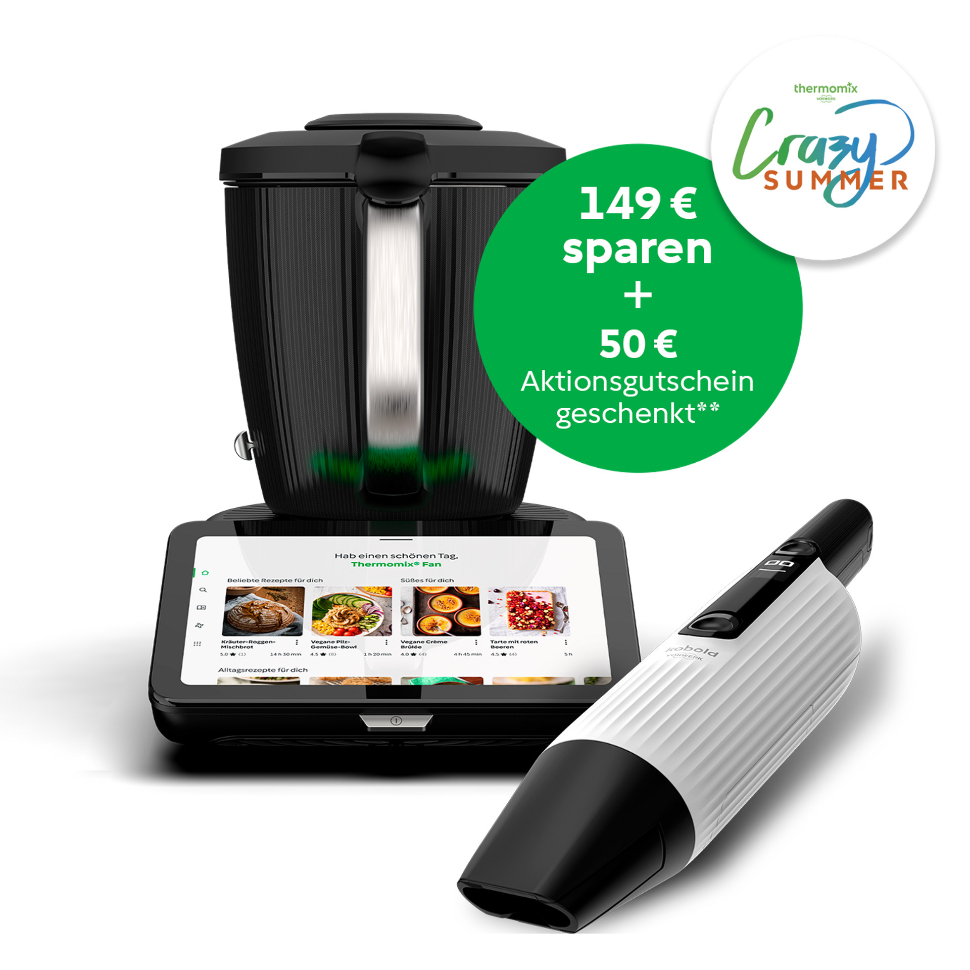 Thermomix® TM7 und Kobold VM7 mit grünem Badge „149 € sparen + 50 € Aktionsgutschein geschenkt“.