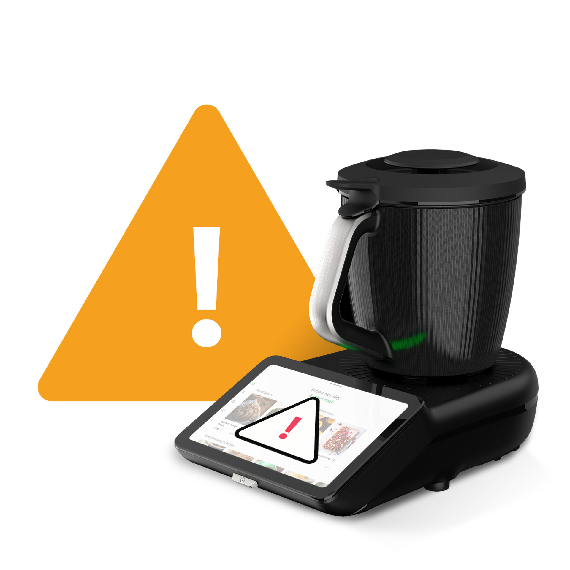 Thermomix® TM7 obok dużego symbolu ostrzegawczego, informuje o alarmie lub problemie.