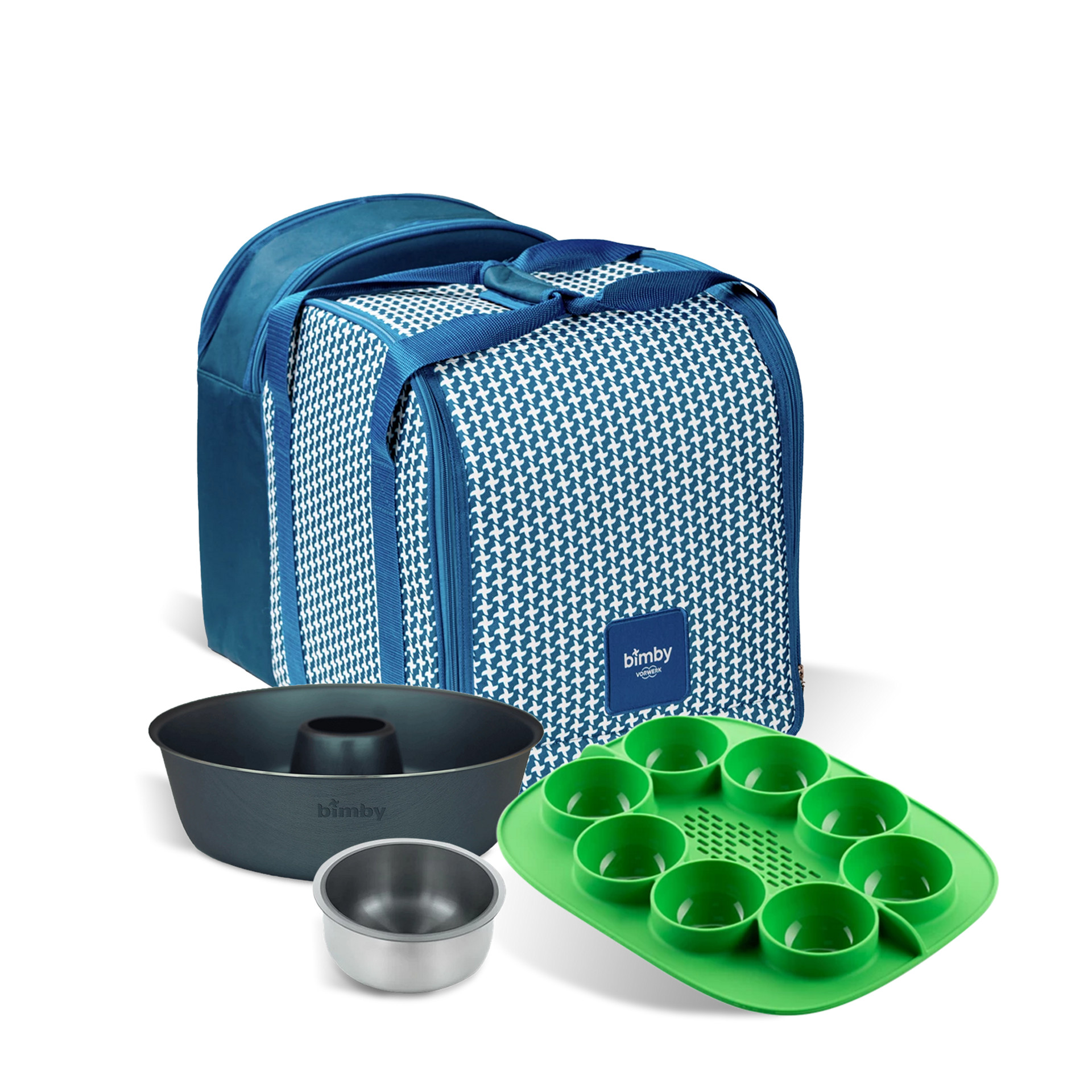 Saco azul de acessórios Bimby® TM6 com tabuleiro de silicone para queques, forma de bolo e tigela metálica pequena.
