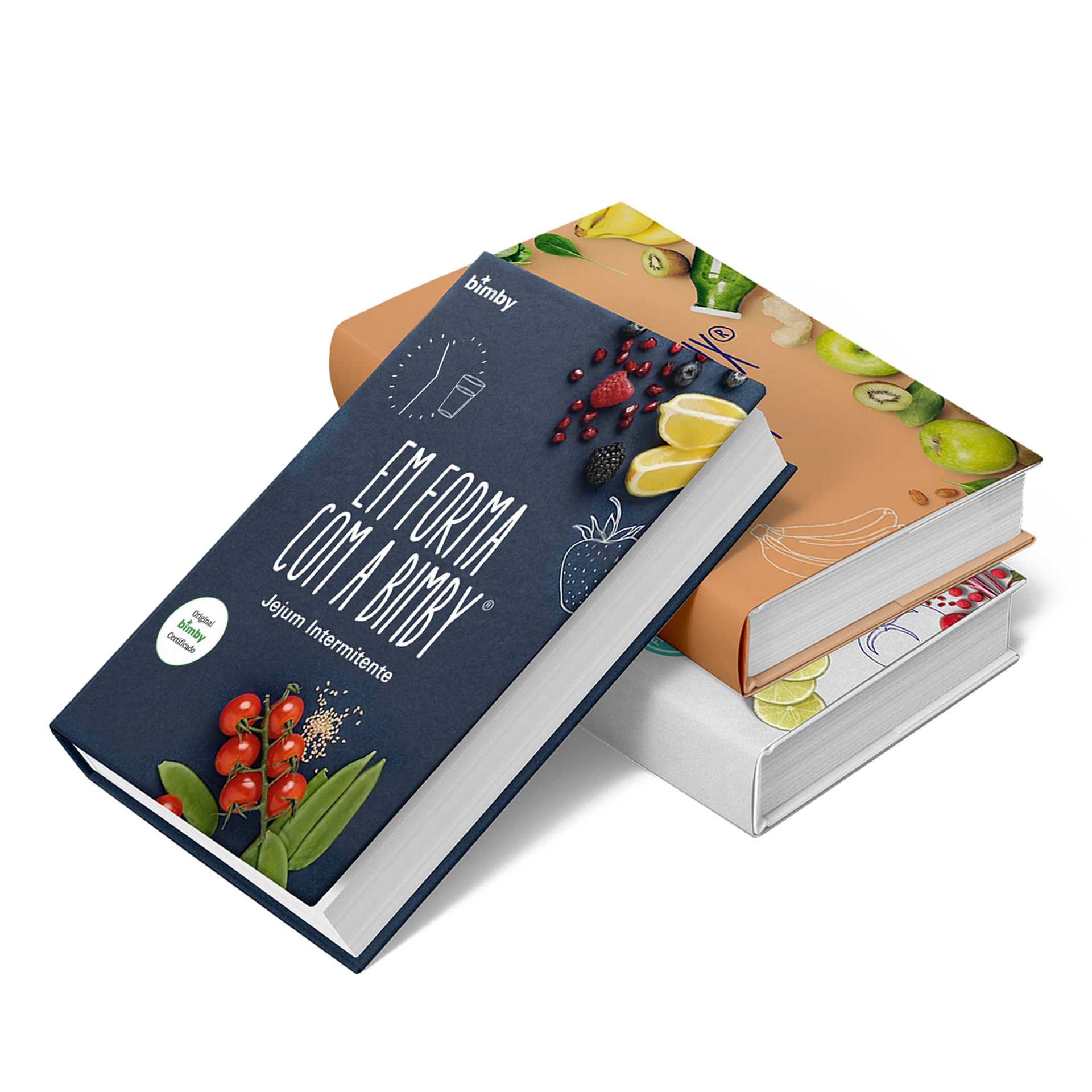 Três livros de receitas coloridos, um com o título "Em Forma Com a Bimby®", empilhados com ilustrações de frutas nas capas.
