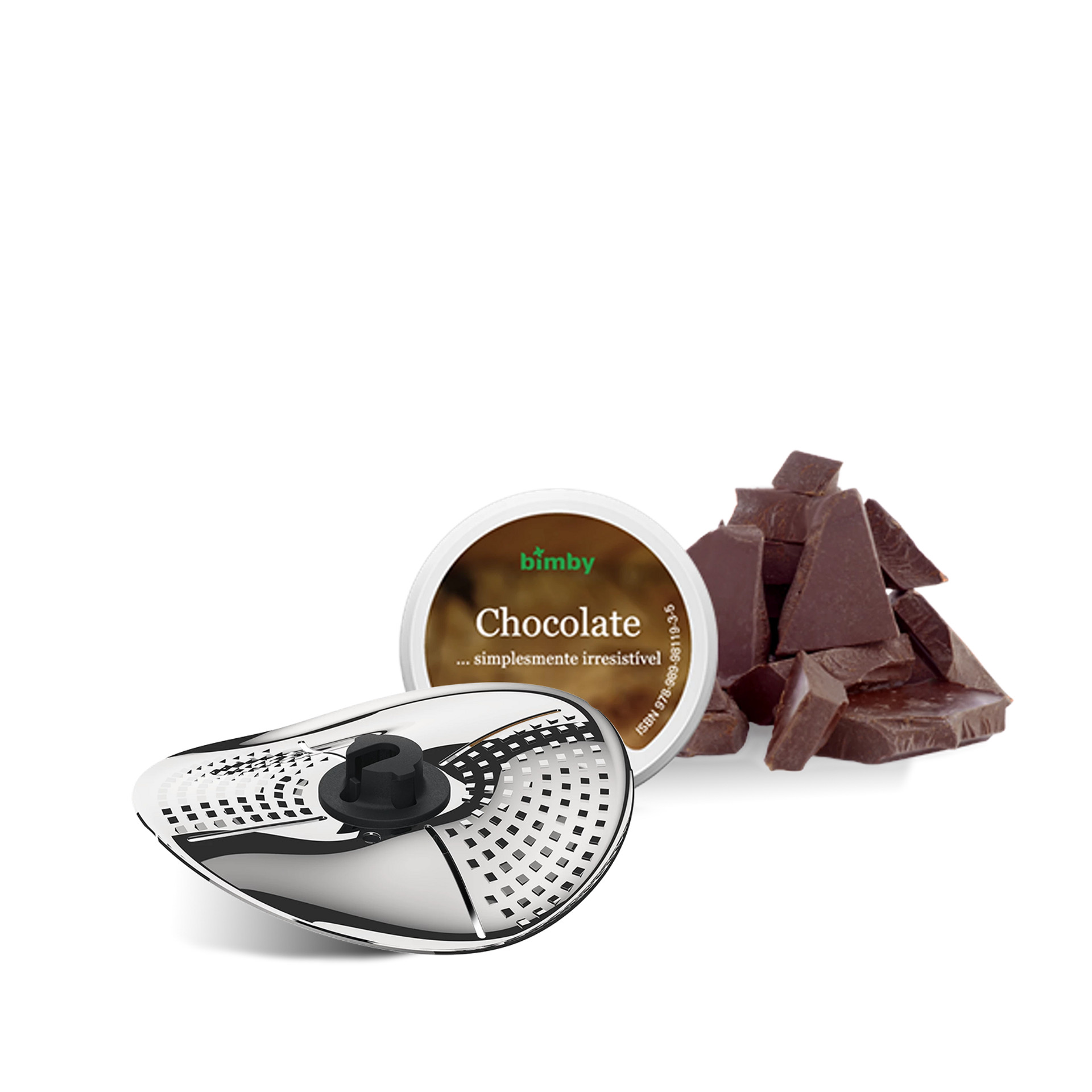 Descascador Bimby® com pedaços de chocolate e um recipiente de chocolate Bimby.
