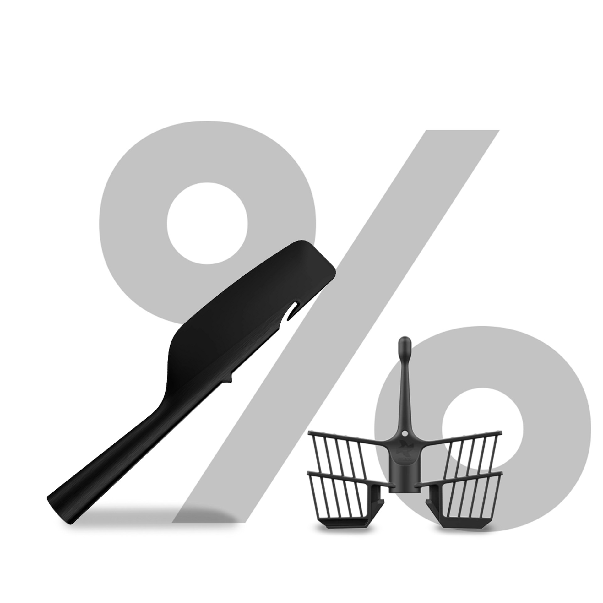 Spatula and butterfly whisk with a large percentage symbol in the background, highlighting a sales or discount promotion.