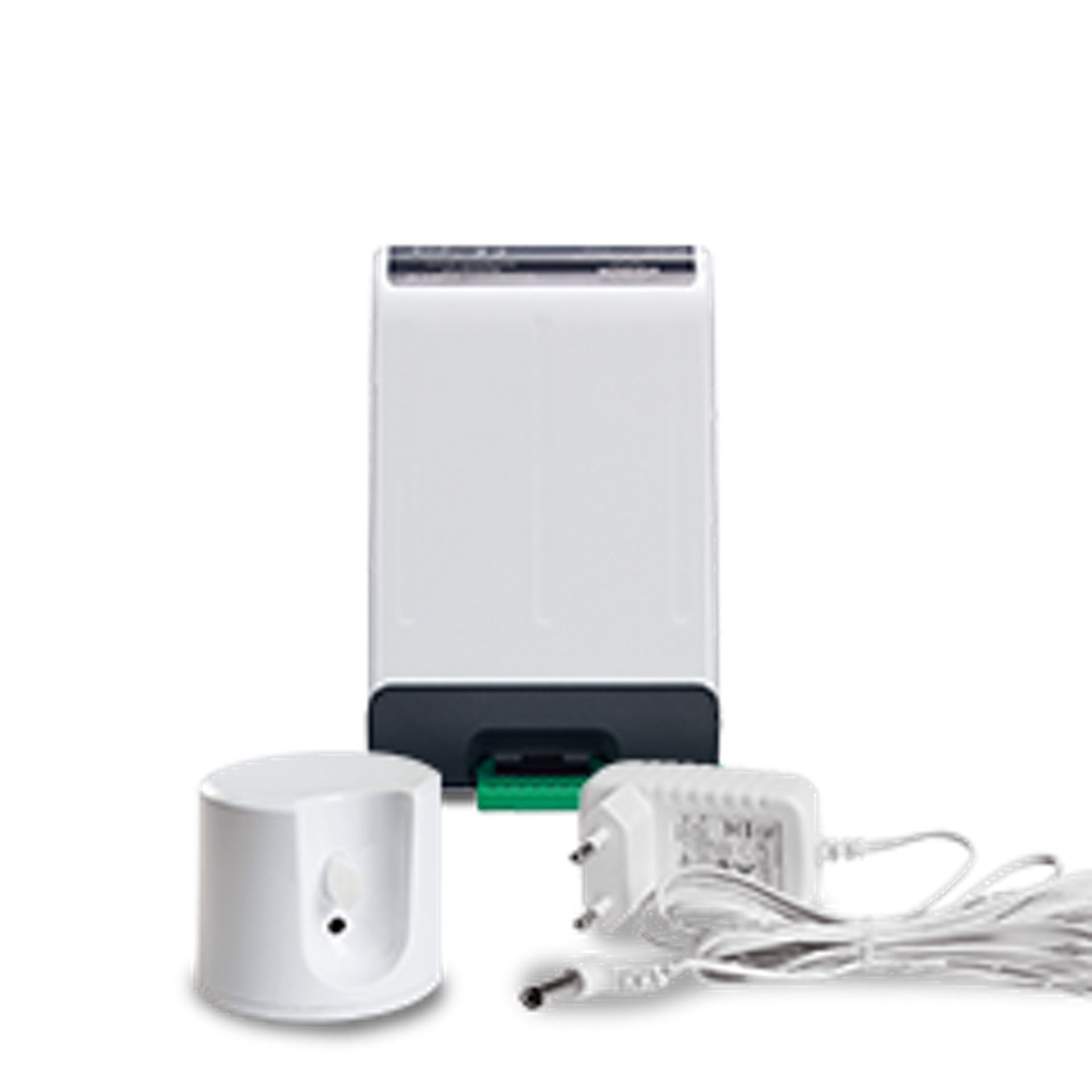 Kobold VG100+ Window Cleaner charging station, power adapter, and mounting holder on white background.