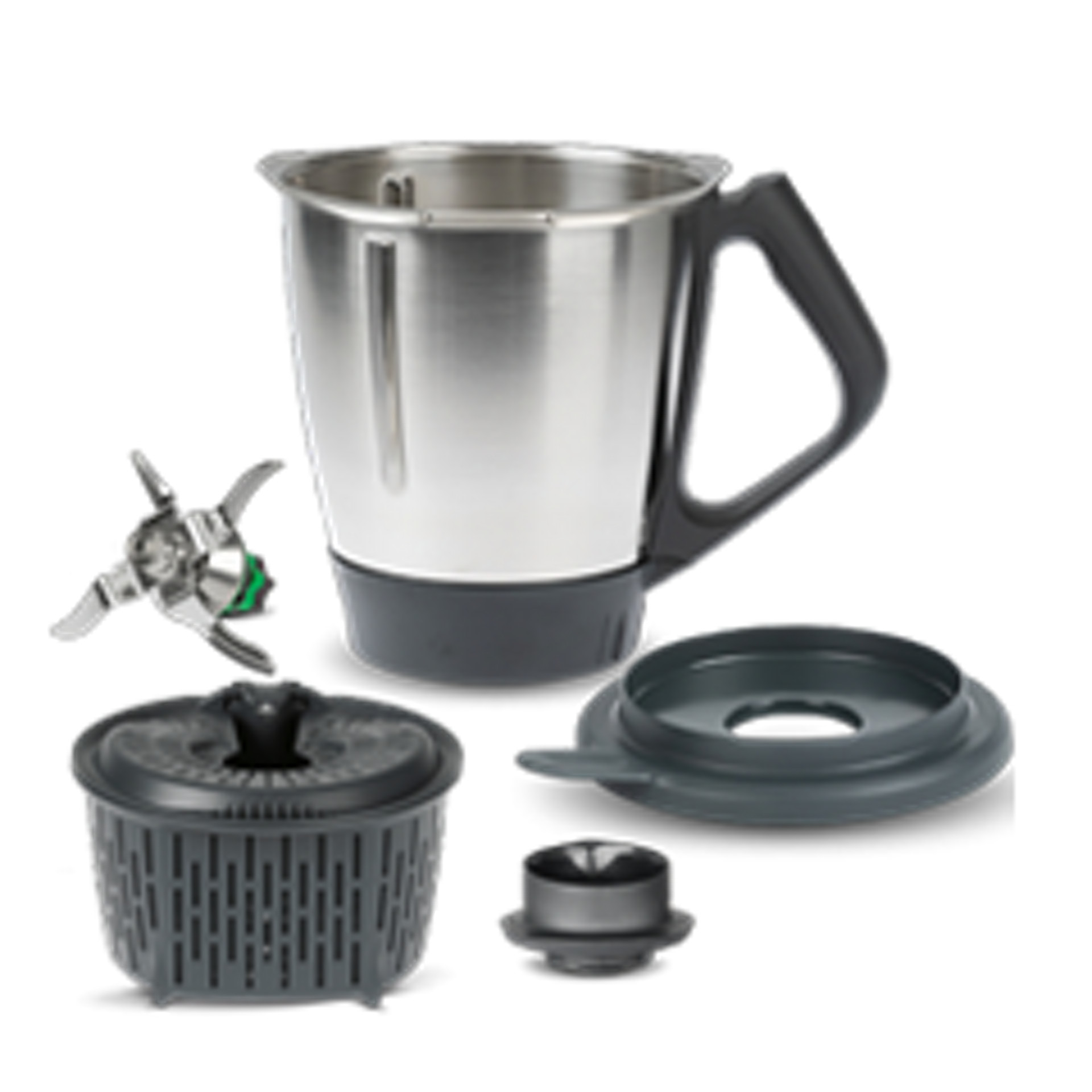 Thermomix® TM6 mixing bowl set with blade, basket, lid, and measuring cup displayed separately.