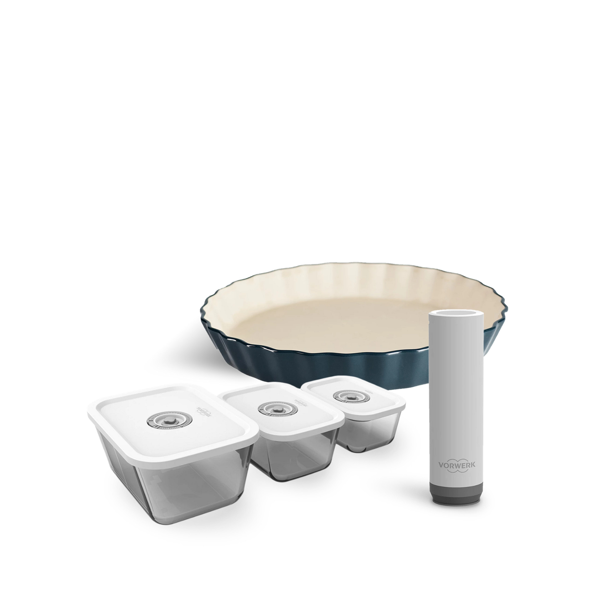 Ceramic tart dish, three vacuum storage containers, and a Vorwerk vacuum sealer for food storage and preservation.