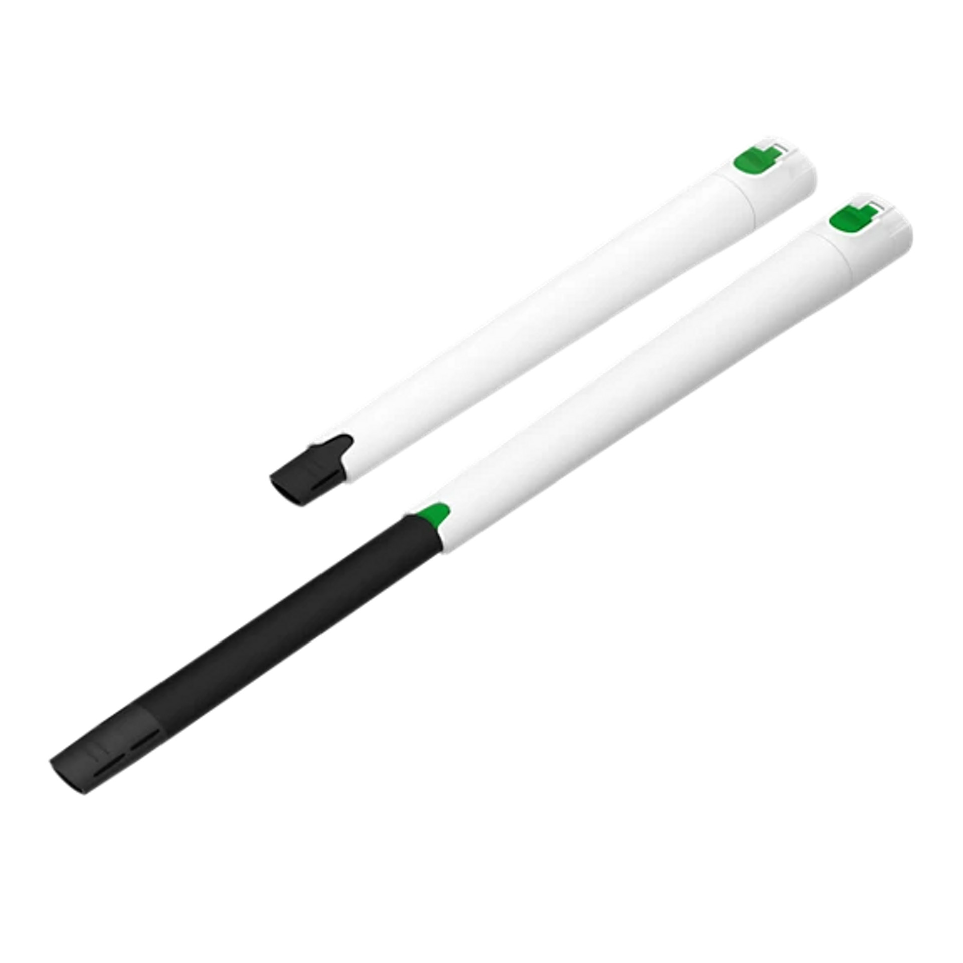 Dois tubos extensores brancos para aspirador, um com bocal preto para fendas e botões verdes de fixação.