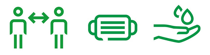 Icons: Abstand halten, Maske tragen, Hände waschen