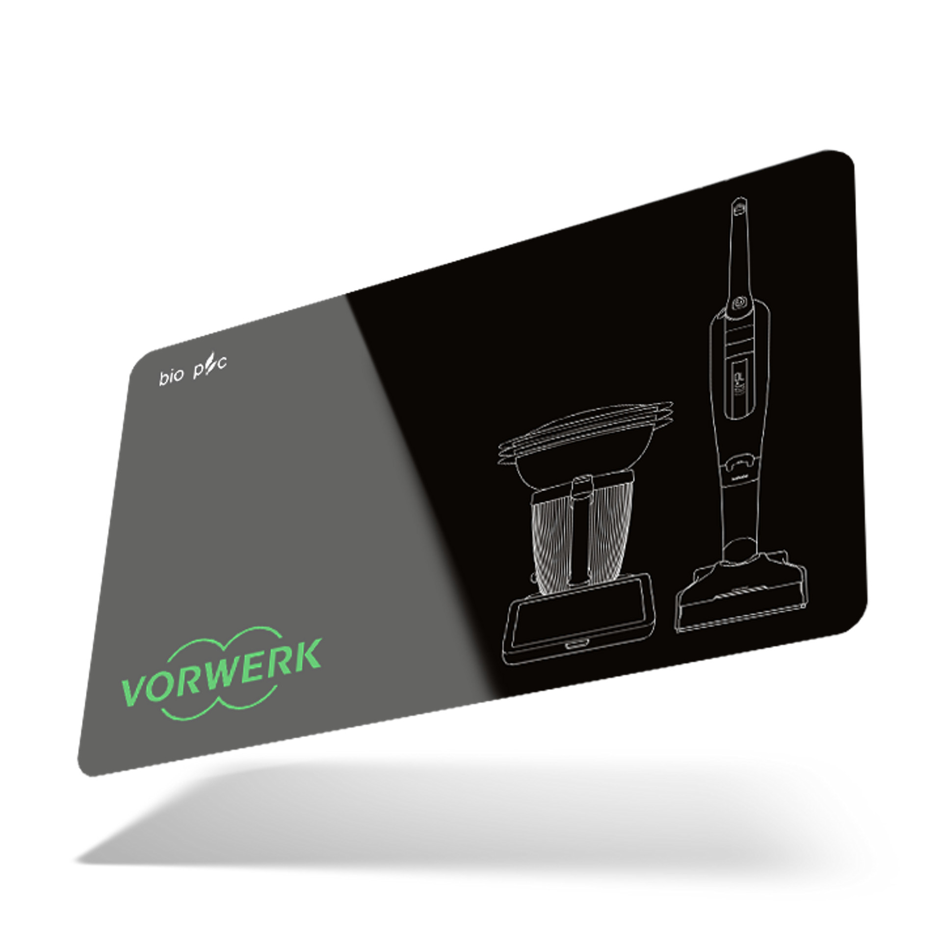Schwarze Karte mit Vorwerk-Logo und Umrisszeichnungen von Thermomix® TM7 und Kobold VK7 rechts.
